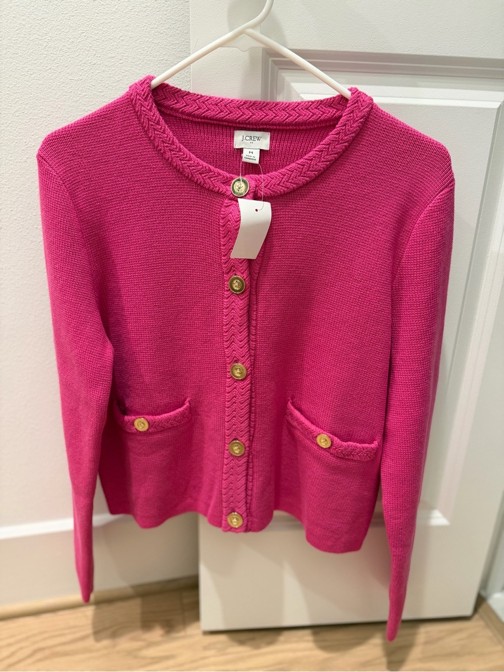 J. Crew Hot Pink Braided-Trim Button Cardigan